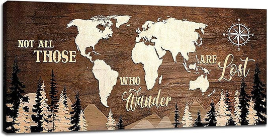 World Map Wall Art Vintage World Map Poster Canvas Prints Nautical Travel Decor Modern Framed Art Map of The World Wall Art for Living Room Dining Room Home Office 60"x30"