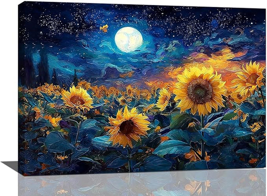 Sunflower Canvas Wall Art Starry Night Pictures Painting Yellow Floral Wall Decor Prints Framed Artwork Decoration for Living Room Bedroom Bathroom Dining Room Office 16"x24"