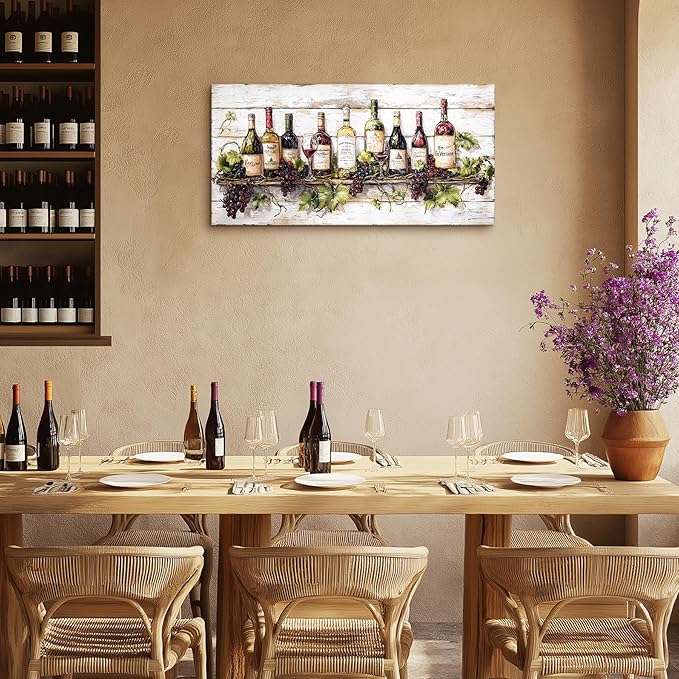 crmotu Wine Bottle Still Life Wall Art, Vintage Kitchen Large Canvas Paintings, Rustic Dining Room Artwork for Walls, Modern Pictures Wall Decor for Home Bar Wine Tasting Room Art Prints 20x40inch
