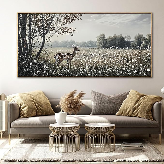 yiijeah Farmhouse Wall Decor - Large Canvas Wall Art Artwork Deer Landscape Vintage Floral Rustic Print Neutral Picture Artwork for Home Living Room Bedroom Office Decoration