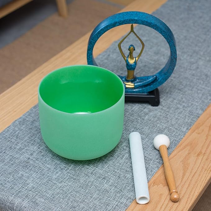 Leize Quartz Crystal Singing Bowl F Note 432 hz Heart Chakra Green 8" with Heavy Duty Carrying Case Suede Striker