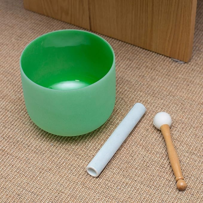 Leize Quartz Crystal Singing Bowl F Note 432 hz Heart Chakra Green 10" with Heavy Duty Carrying Case Suede Striker