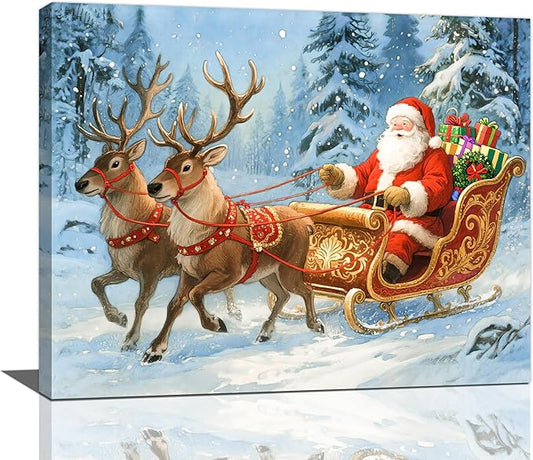 Santa Claus Christmas Wall Art Winter Santa Claus Reindeer Canvas Wall Decor Winter Christmas Pictures Painting Artwork Decoration Framed Gifts for Women Girl Bedroom Living Room Dining Office 16"x20"