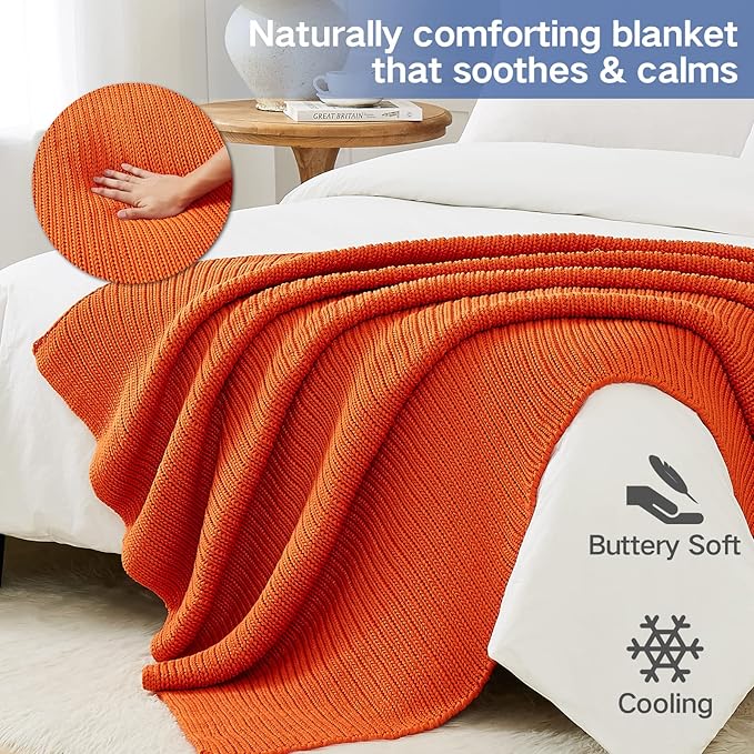 Guohaoi Knitted Weighted Blanket for Adults (Orange 48"x72" 10lbs) No Beads Cooling Throw Blanket for Hot Sleepers, Home Decor Breathable Chunky Knit Heavy Blanket Use on Full Size Bed