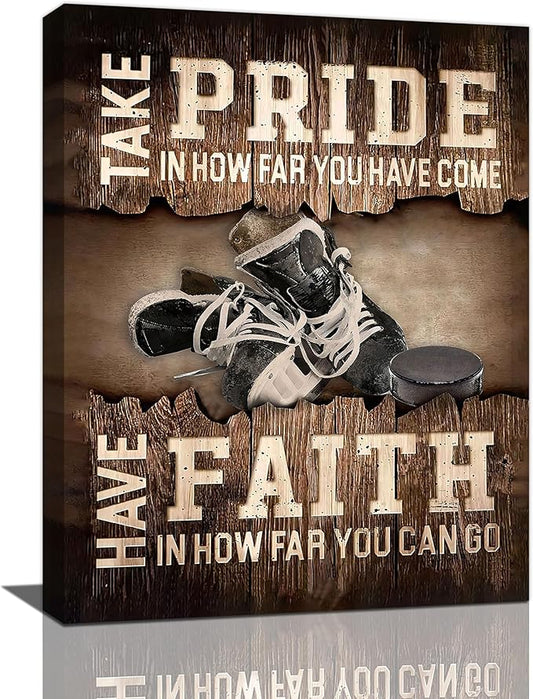 Fleruku Rustic Hockey Wall Art Sports Wall Decor Inspirational Quotes Brown Pictures Ice Hockey Sign Canvas Painting Artwork Home Decorations for Boy Man Teenager Fans Bedroom Living Room 16"x20"