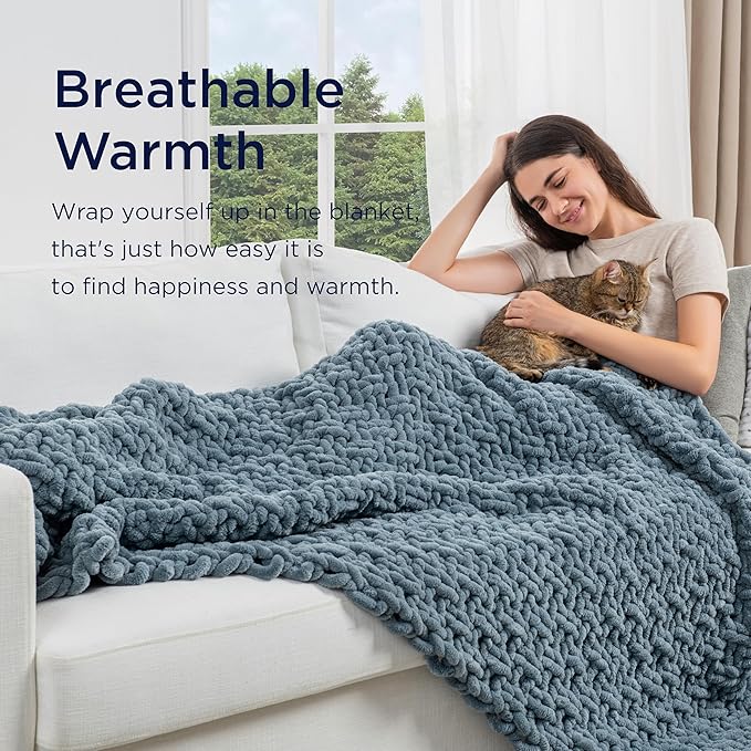 Maetoow Handmade 12 lb Soft Knitted Weighted Blanket, 48 x 72 Inch Breathable Chunky Knit Gravity Blanket Throw, Home Decor for Sofa Couch Bed, Airy Blue