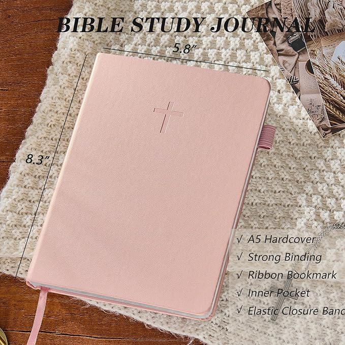 JUBTIC Bible Study Journal– Church Notes Notebook for Note Taking & Reflection, Guided Daily Faith Journal Journaling Kit – Faith Based Religious Gifts & Accessories (Pink)