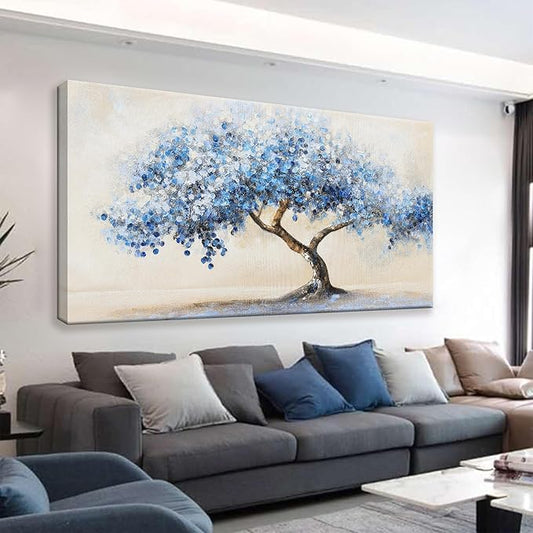 Wall Art For Living Room White Blue Tree Canvas Art Wall Decor For Home Artwork Painting 24" X 48" Canvas Print For Bedroom Decor Modern Salon Kitchen Office Hang A Picture