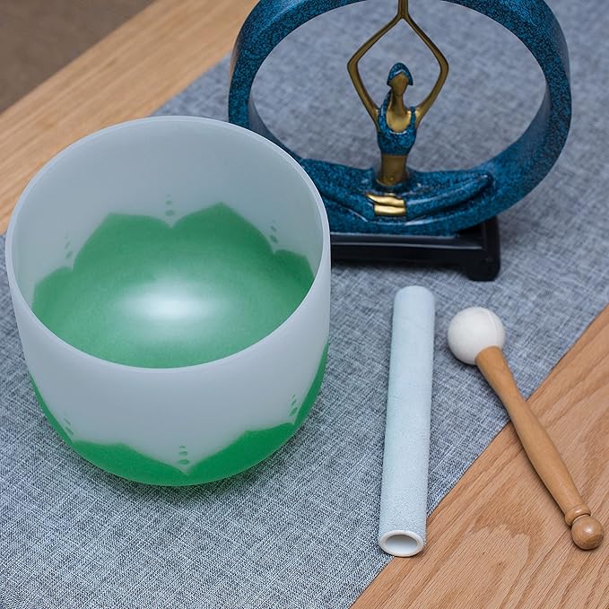 Leize Quartz Crystal Singing Bowl F Note 432 hz Heart Chakra Green Lotus Design 9" Wide with Suede Striker