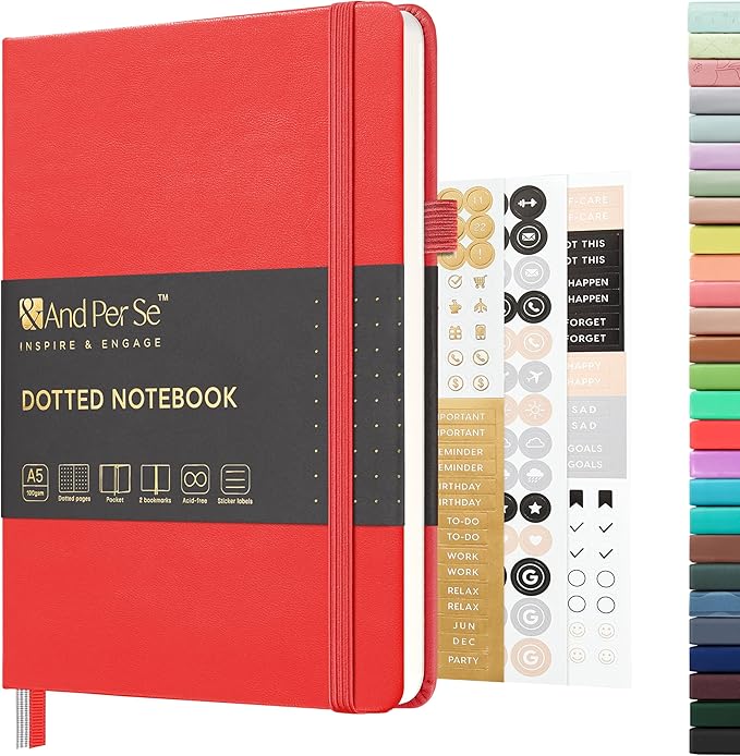 &And Per Se Dotted Journal Notebook, A5 Hardcover Bullet Dotted Journal, 160 Pages 100 gsm Thick Paper, 3 Sheets of Stickers Included - 5.7'' x 8''（Red）