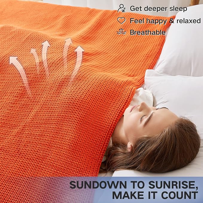 Guohaoi Knitted Weighted Blanket for Adults (Orange 48"x72" 10lbs) No Beads Cooling Throw Blanket for Hot Sleepers, Home Decor Breathable Chunky Knit Heavy Blanket Use on Full Size Bed