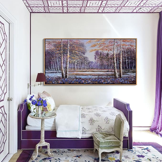 KLAKLA Landscape Wall Art - Blue and Orange Nature Scenery Tree Purple Wall Decor Living Room Bedroom Forest Pictures Framed Artwork for Wall Blue Flower Wall Art