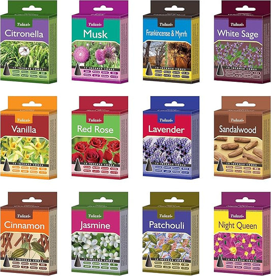 Tulasi Classic Incense Cones with Natural Oils Scents, Set of 12 Fragrances (180 Cones) Calming Home Aromatherapy, Meditation, Relaxing, Mixed Scents with Natural Oils