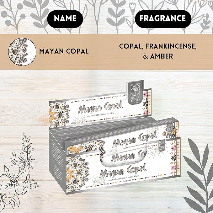 SOUL STICKS Handmade Incense Sticks Mystic Spirit Blends 180 Gram 12 Pack Box | 100% Natural Masala Incense Organic Home Fragrance Agarbatti (Mayan Copal)