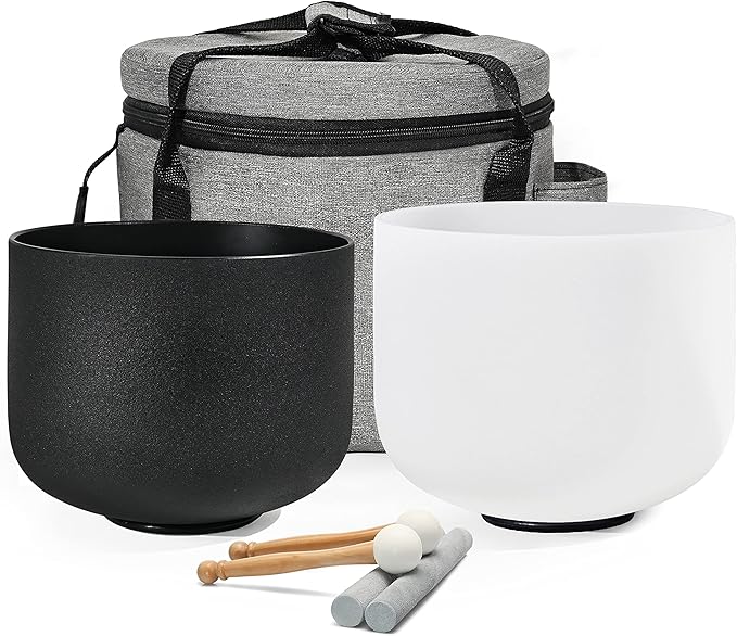 Couple of 2 PCS Yin and Yang Crystal Singing Bowl Set 8 Inch Black and 10 Inch White Mutual Attraction Bowls