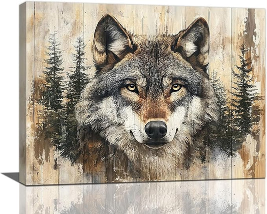 Vintage Wolf Wall Art Farmhouse Wildlife Wall Decor Country Animal Pictures Canvas Painting Artwork Home Decorations for Living Room Bedroom Bathroom Office 20"x16"