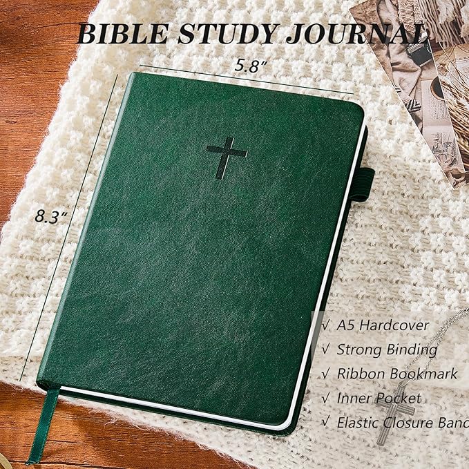 JUBTIC Bible Study Journal– Church Notes Notebook for Note Taking & Reflection, Guided Daily Faith Journal Journaling Kit – Faith Based Religious Gifts & Accessories (Dark Green)