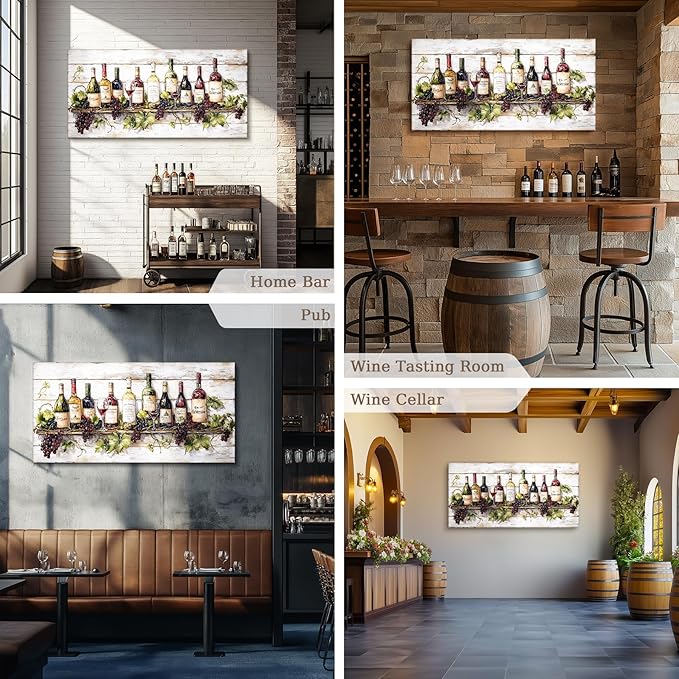 crmotu Wine Bottle Still Life Wall Art, Vintage Kitchen Large Canvas Paintings, Rustic Dining Room Artwork for Walls, Modern Pictures Wall Decor for Home Bar Wine Tasting Room Art Prints 24x48inch