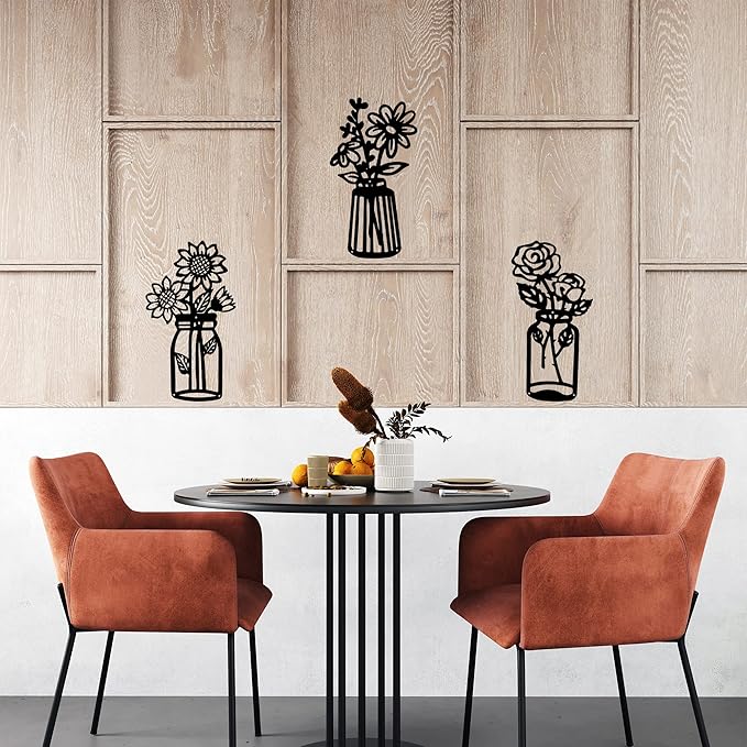 3 Pieces Sunflower Roses Daisy Black Metal Flowers Wall Decor Metal Vase Wall Art Metal Wall Sculptures Hanging for Indoor Kitchen Bathroom Bedroom Living Room,14.56x7.87 inches