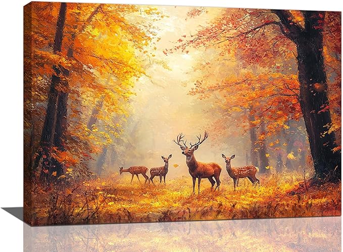 Olivine Deer Wall Art, Autumn Forest Pictures Wall Decor, Wildlife Painting, Fall Landscape Canvas Prints, Framed Artwork for Bathroom Bedroom Living Room Office Home Decoration 24''x16''