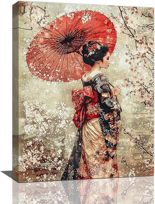 Fleruku Vintage Japanese Wall Art Japanese Geisha Wall Decor Japan Women Pictures Canvas Painting Artwork Home Decorations for Living Room Bedroom Bathroom Office 12"x16"