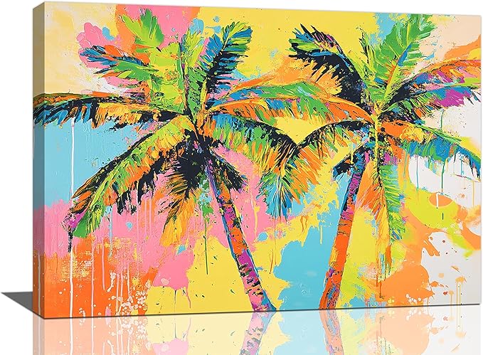 Olivine Tropical Wall Art, Palm Tree Pictures Wall Decor, Graffiti Painting, Colorful Summer Canvas Prints, Framed Artwork for Bathroom Living Room Bedroom Office Home Decoration 24"x16"