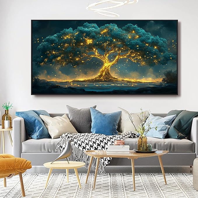 Canvas Framed Wall Art Decor Artwork for Walls Oversized Green Gold Wall Art Prints Large Tree of Life Wall Art for Living Room Canvas Art Wall Decor Modern Home Office Aesthetic Wall Art Decor 29" x 58"