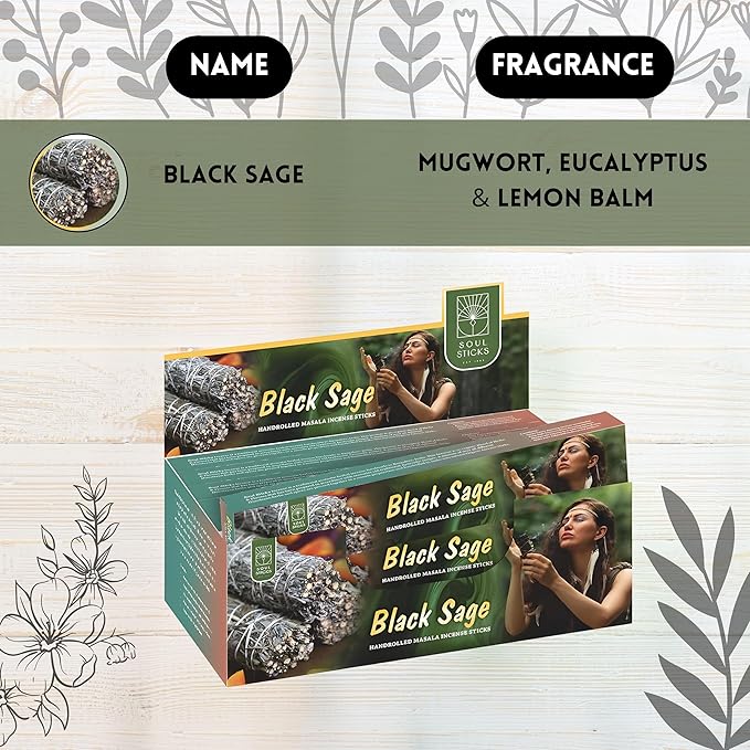 SOUL STICKS Hand-Rolled Incense Sticks Mystic Spirit Blends 180 Gram 12 Pack Box | 100% Natural Masala Incense Organic Home Fragrance Agarbatti (Black Sage)
