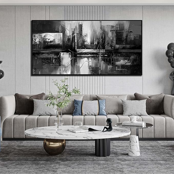 Wall Art for Living Room Black and White Abstract Print Picture Painting Large Wall Decor for Bedroom With Black Wood Framed Canvas Modern Room Wall Decorations Artwork Size 30x60 inch Ready to Hang