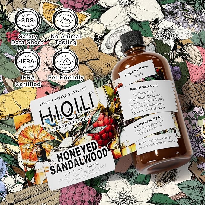 HIQILI Honeyed Sandalwood Fragrance Oil for Diffuser, Candle & Soap Making, Add to Dryer Balls, Lotion, Hotel Luxury Scents - 5.07 Fl Oz