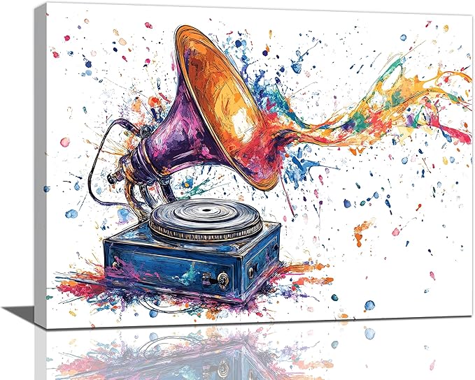 Fleruku Watercolor Phonograph Wall Art Colorful Phonograph Wall Decor Pictures Canvas Painting Artwork Home Decorations for Living Room Bedroom Bathroom Office Nursery Classroom 16"x12"