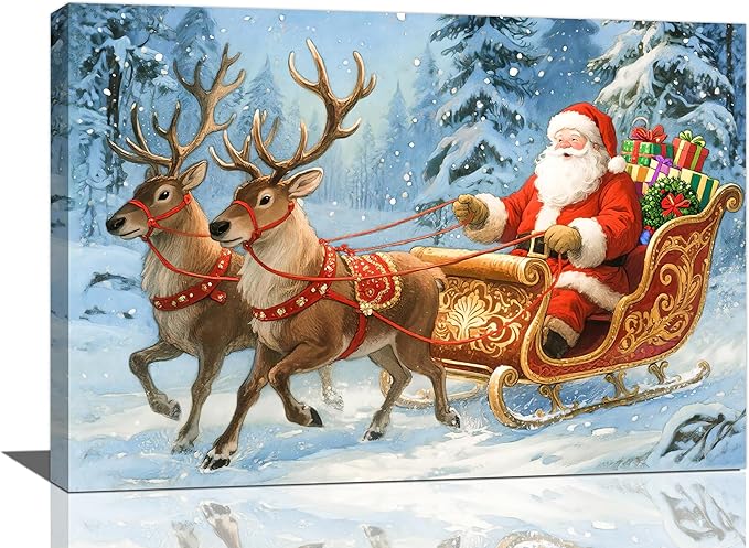 Santa Claus Christmas Wall Art Winter Santa Claus Reindeer Canvas Wall Decor Winter Christmas Pictures Painting Artwork Decoration Framed Gifts for Women Girl Bedroom Living Room Dining Office 16"x24"