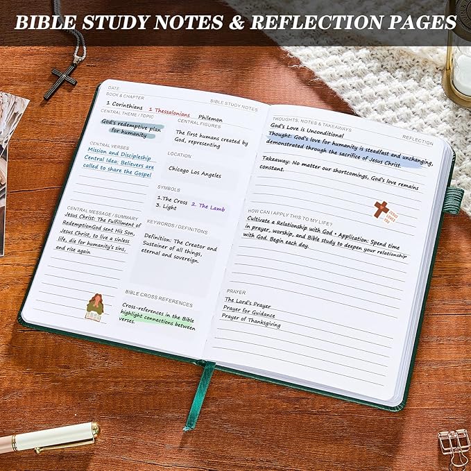 JUBTIC Bible Study Journal– Church Notes Notebook for Note Taking & Reflection, Guided Daily Faith Journal Journaling Kit – Faith Based Religious Gifts & Accessories (Dark Green)