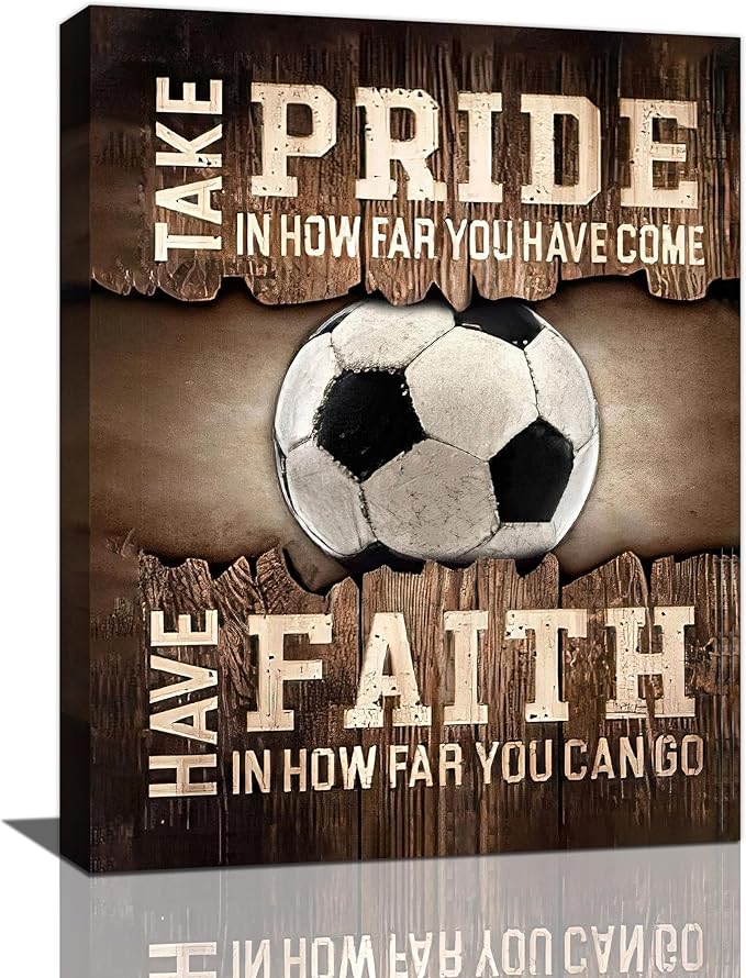 Fleruku Rustic Soccer Wall Art Sports Wall Decor Inspirational Quotes Brown Pictures Soccer Sign Canvas Painting Artwork Home Decorations for Boy Man Teenager Fans Bedroom Living Room 16"x24"