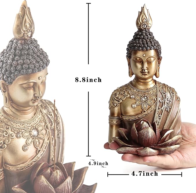 Buddha Statue with Lotus Incense Holder, Buddha Statues for Meditation Zen Spiritual Room feng Shui Yoga Home Decor Accents, Gold Buddah Buda Budda,Shelf Bookshelf Table Decoration