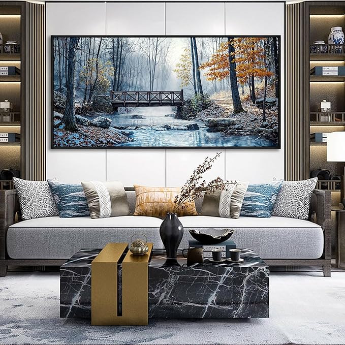 yiijeah Large Living Room Wall Art - Modern Wall Decor for Bedroom Office Decor Mountain Forest Landscapes Village Bridge Painting Framed Canvas Prints Ready to Hang Wall Pictures Home Decor