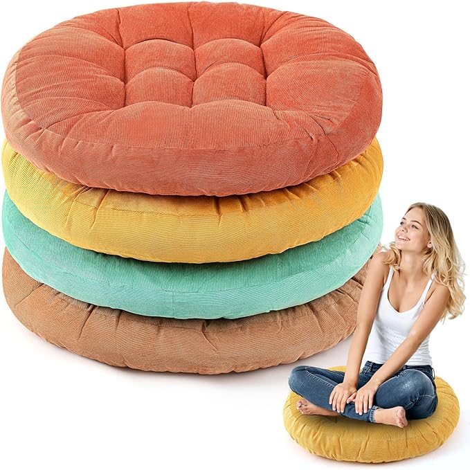Jerify 4 Pcs Floor Pillow Cushions 22 x 22 Inch Round Square Large Meditation Floor Pillow for Classroom Adult Meditation Picnic Party Cushion for Seating Gift Christmas(Yellow Green,Round)