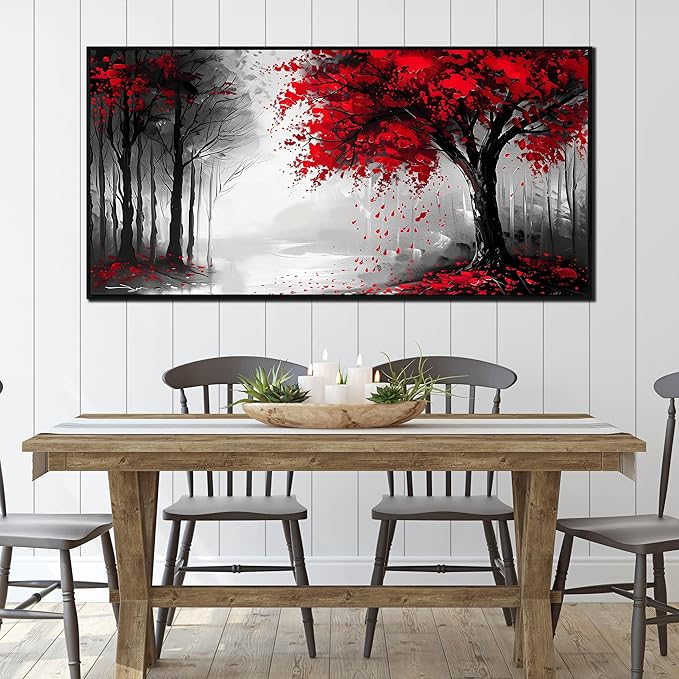 Large Canvas Wall Art for Living Room Black White and Red Tree of Life Print Pictures Painting With Black Wood Framed Wall Decor for Bedroom Modern Home Forest Wall Decorations Artwork Size 30x60 Ready to Hang