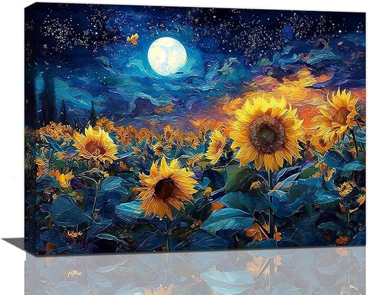 Sunflower Canvas Wall Art Starry Night Pictures Painting Yellow Floral Wall Decor Prints Framed Artwork Decoration for Living Room Bedroom Bathroom Dining Room Office 12"x16"