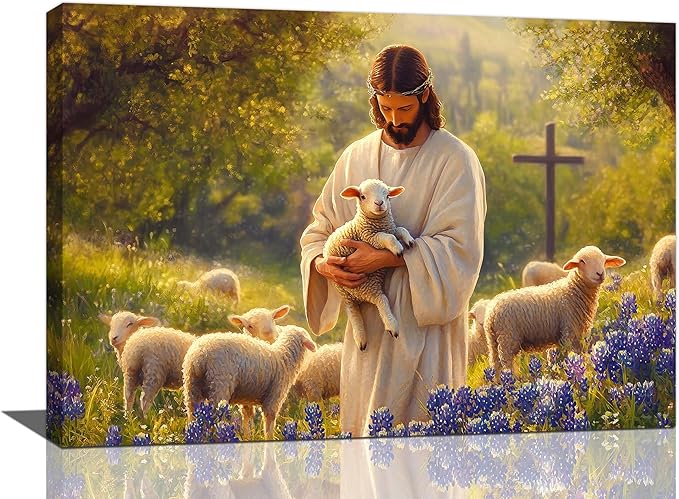 Fleruku Jesus Lamb Wall Art Christ Christian Wall Decor Jesus Religious Sign Pictures Canvas Painting Artwork Home Decorations for Living Room Bedroom Bathroom Office 24"x16"