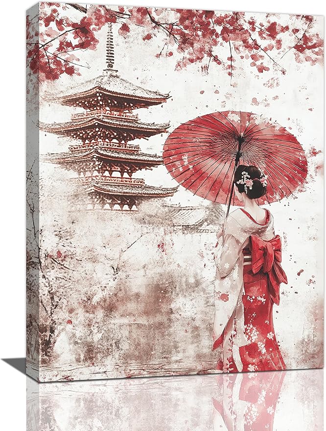 Japan Wall Art Japanese Geisha Wall Decor Cherry Blossoms Farmhouse Japan Pictures Canvas Painting Artwork Home Decorations for Living Room Bedroom Bathroom Office Classroom 12"x16"