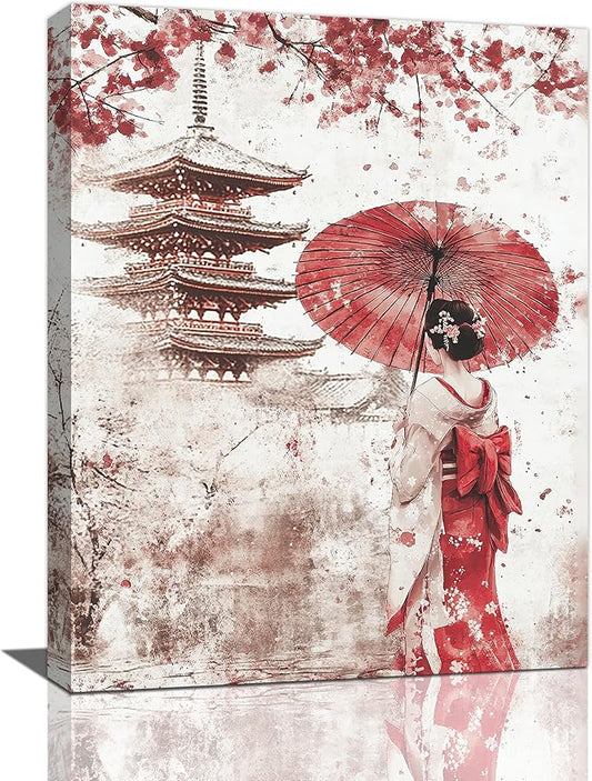 Japan Wall Art Japanese Geisha Wall Decor Cherry Blossoms Farmhouse Japan Pictures Canvas Painting Artwork Home Decorations for Living Room Bedroom Bathroom Office Classroom 12"x16"