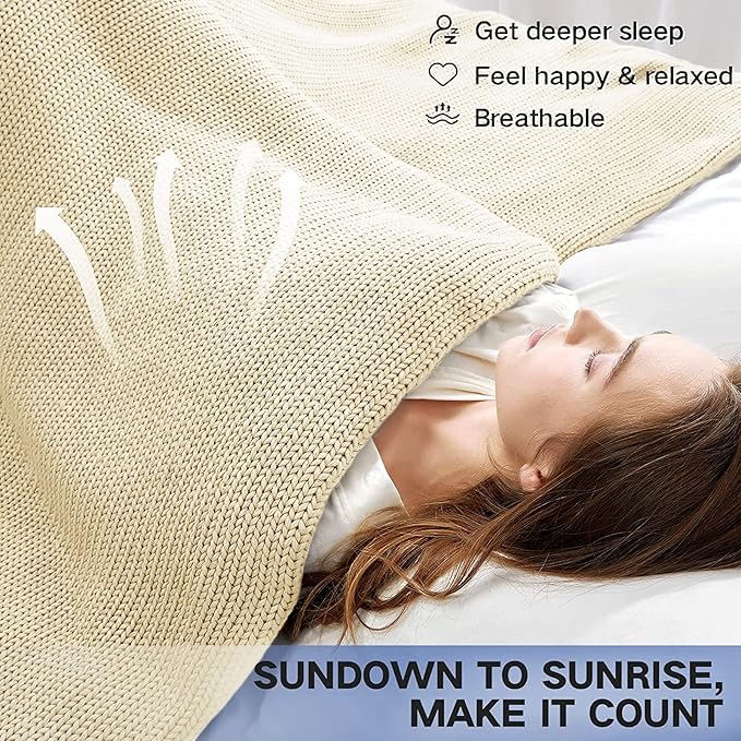 Guohaoi Knitted Weighted Blanket Kids (Cream 50"x60" 7lbs) No Beads Cooling Heavy Blanket, Home Decor Breathable Chunky Knit Throw Blanket for All-Season Use