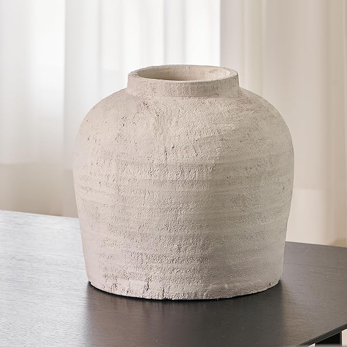 LB2 Large White Ceramic Vase, 11" Tall Zen Style vase, Terra Cotta Pitcher Vase, Distressed Farmhouse Decor, Pottery Decorative Flower for Home Decor (H 11" X 11")