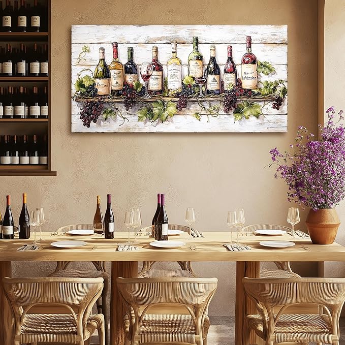 crmotu Still Life Kitchen Wall Art, Wine Bottle Extra Large Artwork, French Country Home Bar Decor Paintings, Modern Home Wall Decor Dining Room Wine Cellar Canvas Art Prints Ready to Hang 30x60inch
