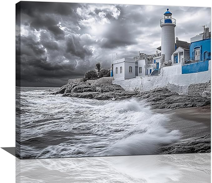 Olivine Beach Wall Art, Coastal Lighthouse Pictures Wall Decor, Black And White Painting, Nautical Canvas Prints, Framed Artwork for Bathroom Bedroom Living Room Office Home Decoration 20"x16"
