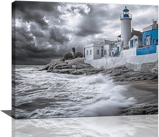 Olivine Beach Wall Art, Coastal Lighthouse Pictures Wall Decor, Black And White Painting, Nautical Canvas Prints, Framed Artwork for Bathroom Bedroom Living Room Office Home Decoration 20"x16"