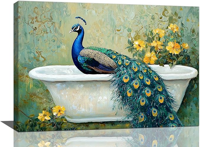 Fleruku Vintage Peacock Wall Art Elegance Bathroom Wall Decor Green Peacock Pictures Canvas Painting Artwork Home Decorations for Living Room Bedroom Office 24"x16"