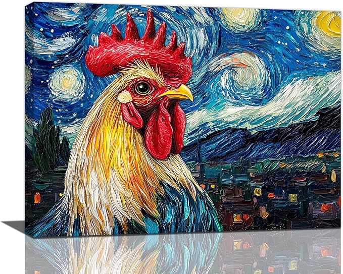 Olivine Rooster Wall Art, Vintage Chicken Pictures Wall Decor, Starry Night Painting Farmhouse Rooster Canvas Prints, Framed Artwork for Bathroom Bedroom Living Room Office Home Decoration 16"x12"