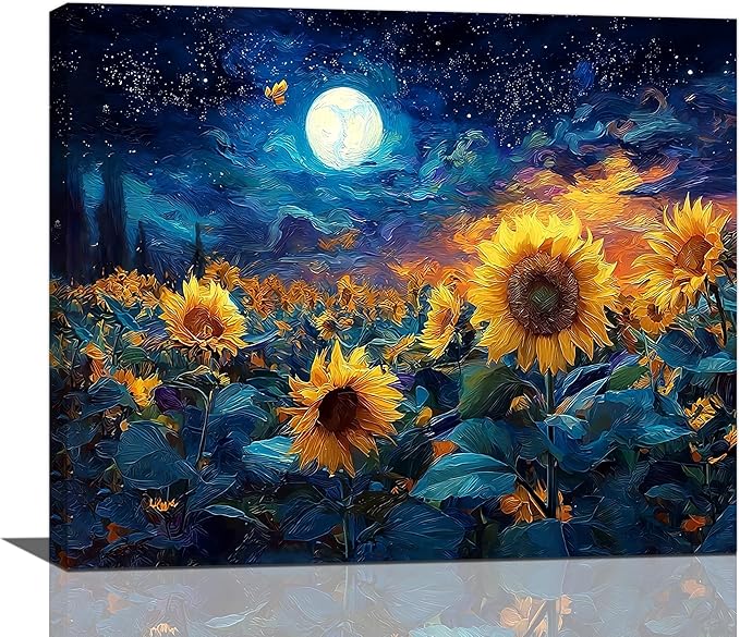 Sunflower Canvas Wall Art Starry Night Pictures Painting Yellow Floral Wall Decor Prints Framed Artwork Decoration for Living Room Bedroom Bathroom Dining Room Office 20"x24"